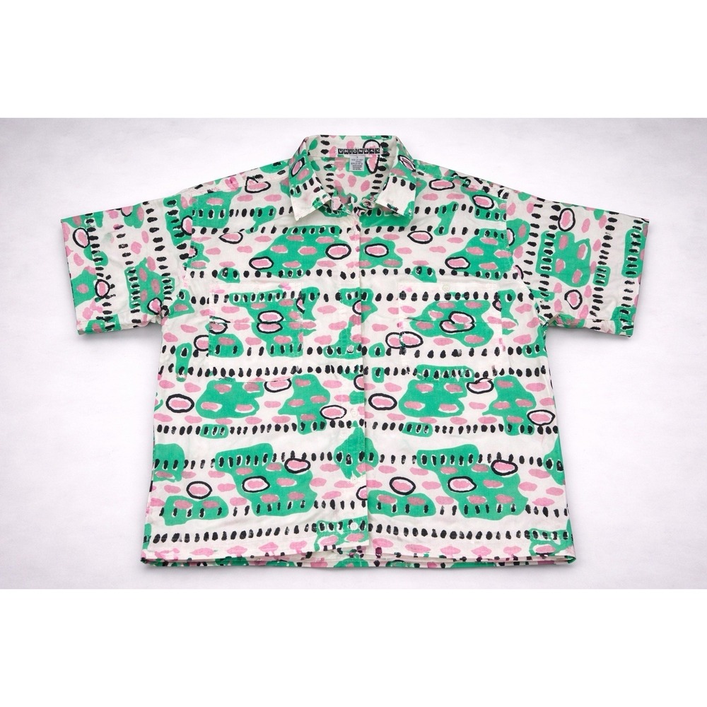 Vintage Union Bay Womens Button Down Shirt Abstract Print Green Pink Size Medium